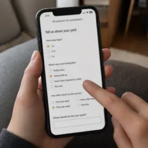 Person completing a Plunto artificial turf questionnaire on a smartphone
