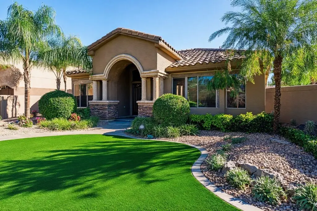 Beautiful Arizona home with a professionally maintained artificial turf front lawn and desert landscaping.