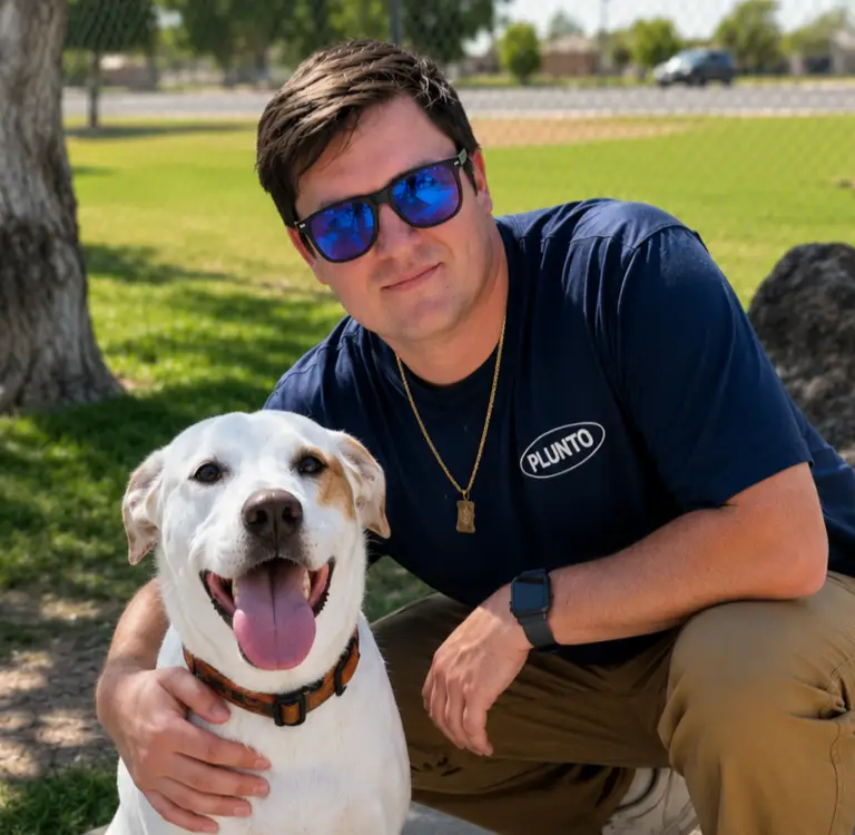 Travis, owner of Plunto, with Ellie, the company's Chief Freshness Ambassador, introducing Turfra artificial turf cleaning services in Arizona's West Valley.